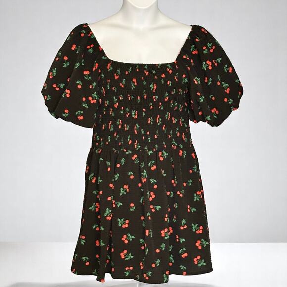 English Factory Size Large Cherry Print Smocked Dress Fit & Flare Puff Sleeve - Picture 2 of 11